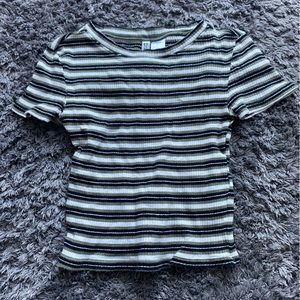 H&M Black, Green, and White Striped Short Sleeve Tee